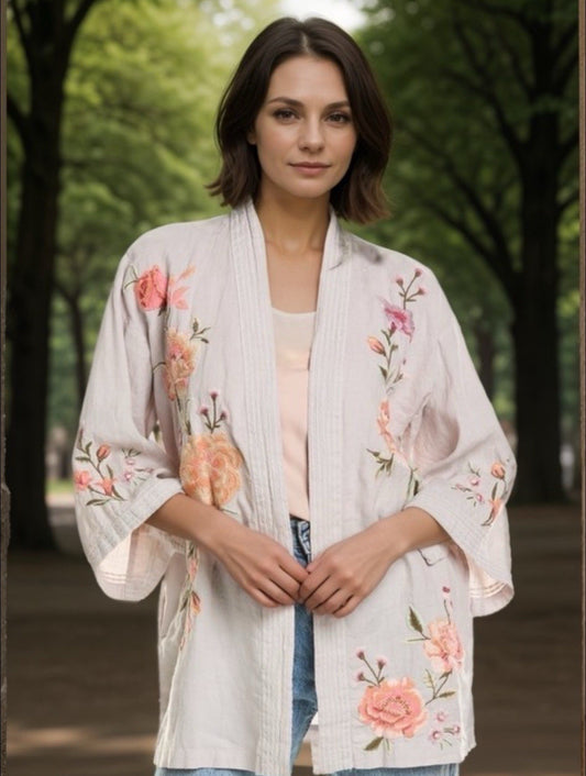Johnny Was XL Linen Embroidered Kimono Cardigan Top Wrap Jacket Coat Johnny Was