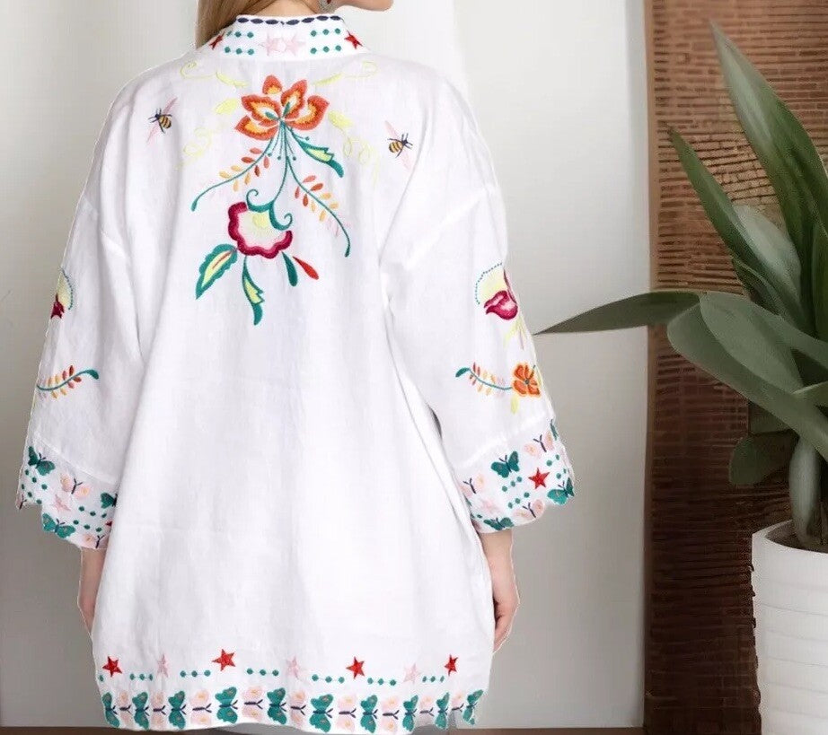 Johnny Was 2X White Linen Kimono Colorful Embroidery Top BOHO Wrap Jacket Johnny Was