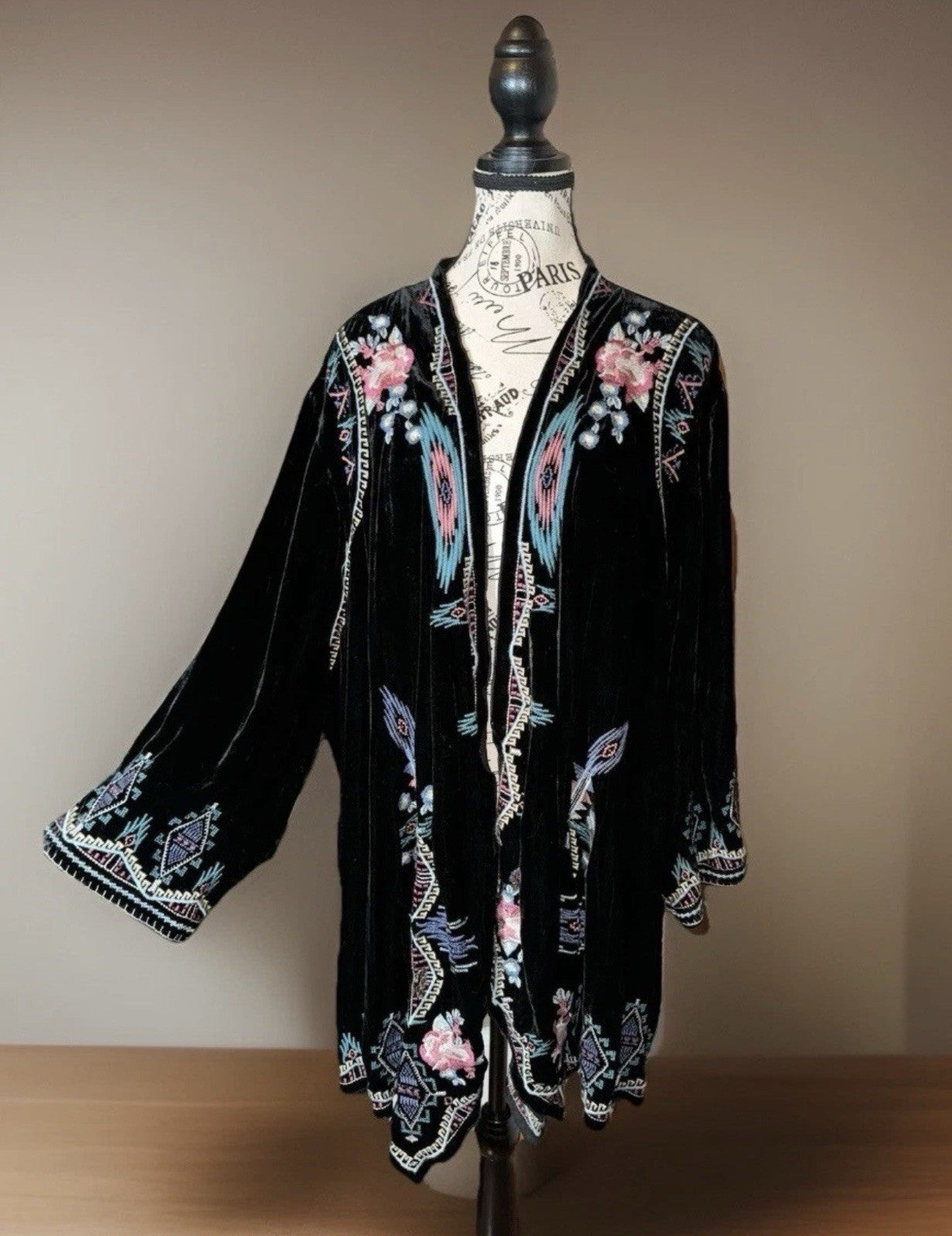 Johnny Was Black Velvet L Kimono Wrap Duster Jacket Coat Cardigan Aztec Luxury Johnny Was