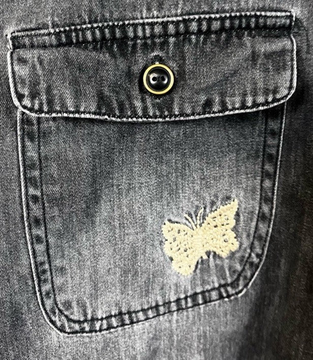 Johnny Was L Black Denim Button Up Shirt Jacket Coat Embroidered Light Wash Johnny Was