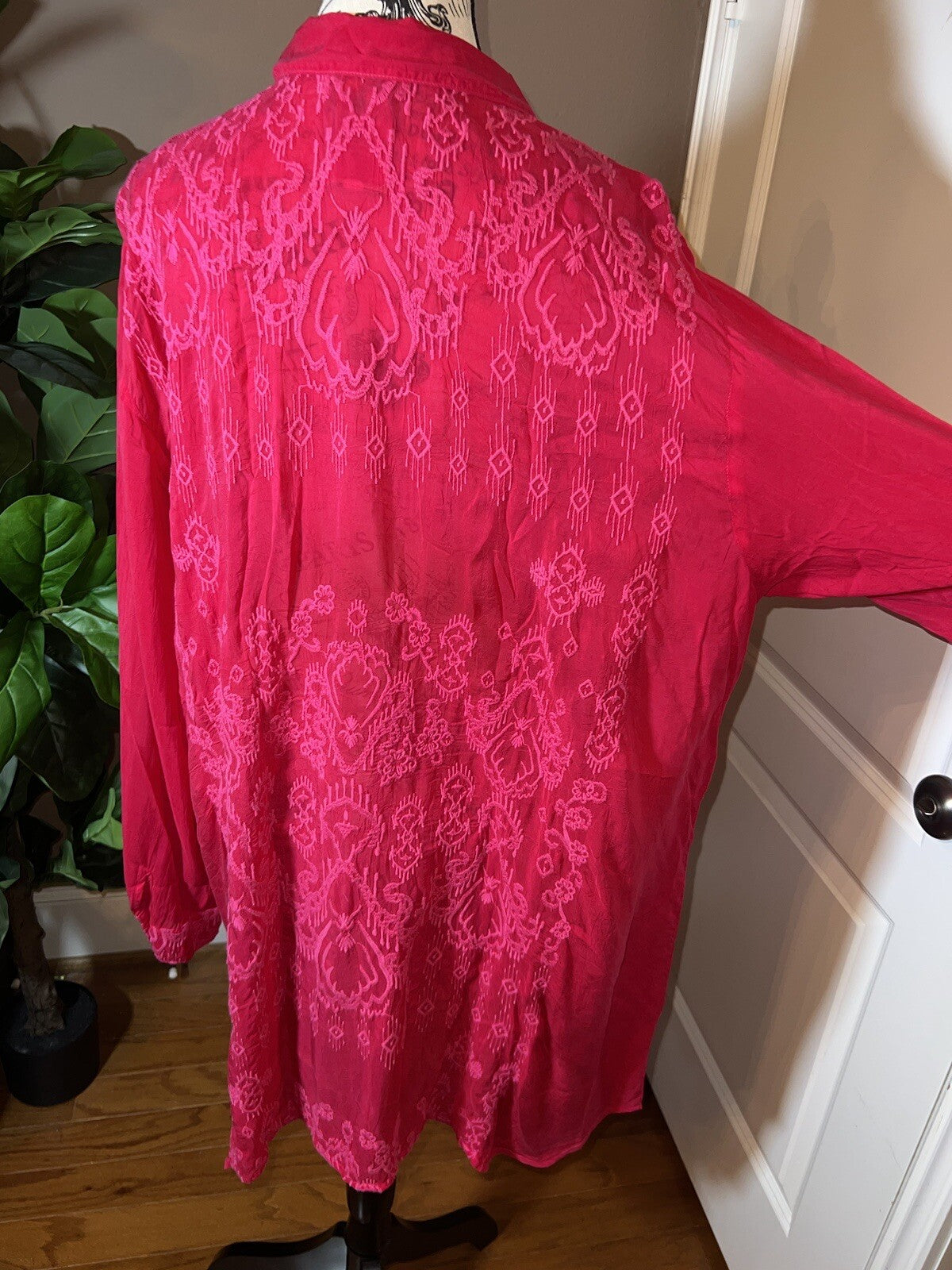 Johnny Was 1X Hot Pink Mini Shift Dress Button Up Shirt Embroidered Tunic Top Johnny Was