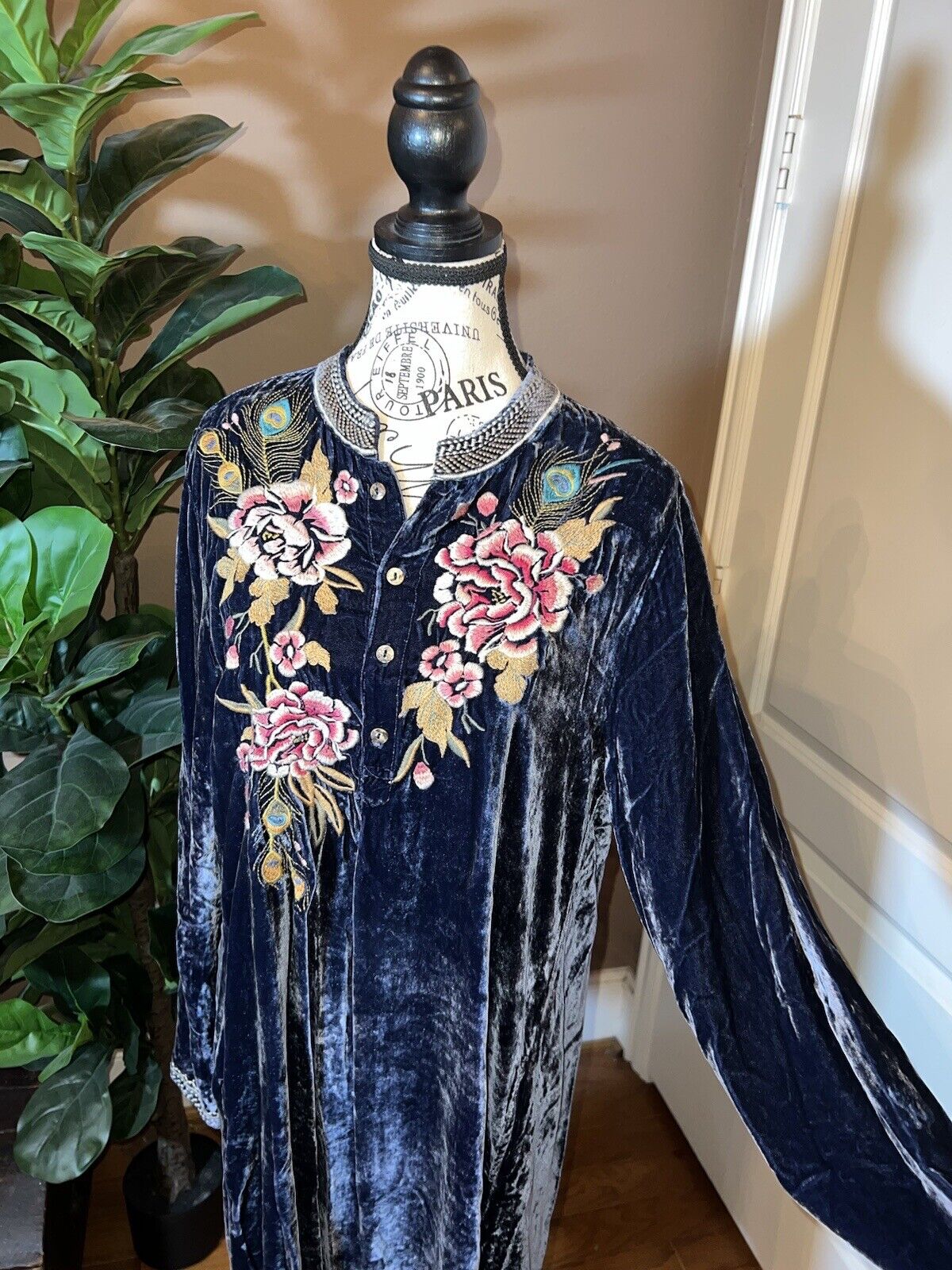 Johnny Was L Large Blue Velvet Kimono Mini Dress Peacock Feather Embroidery