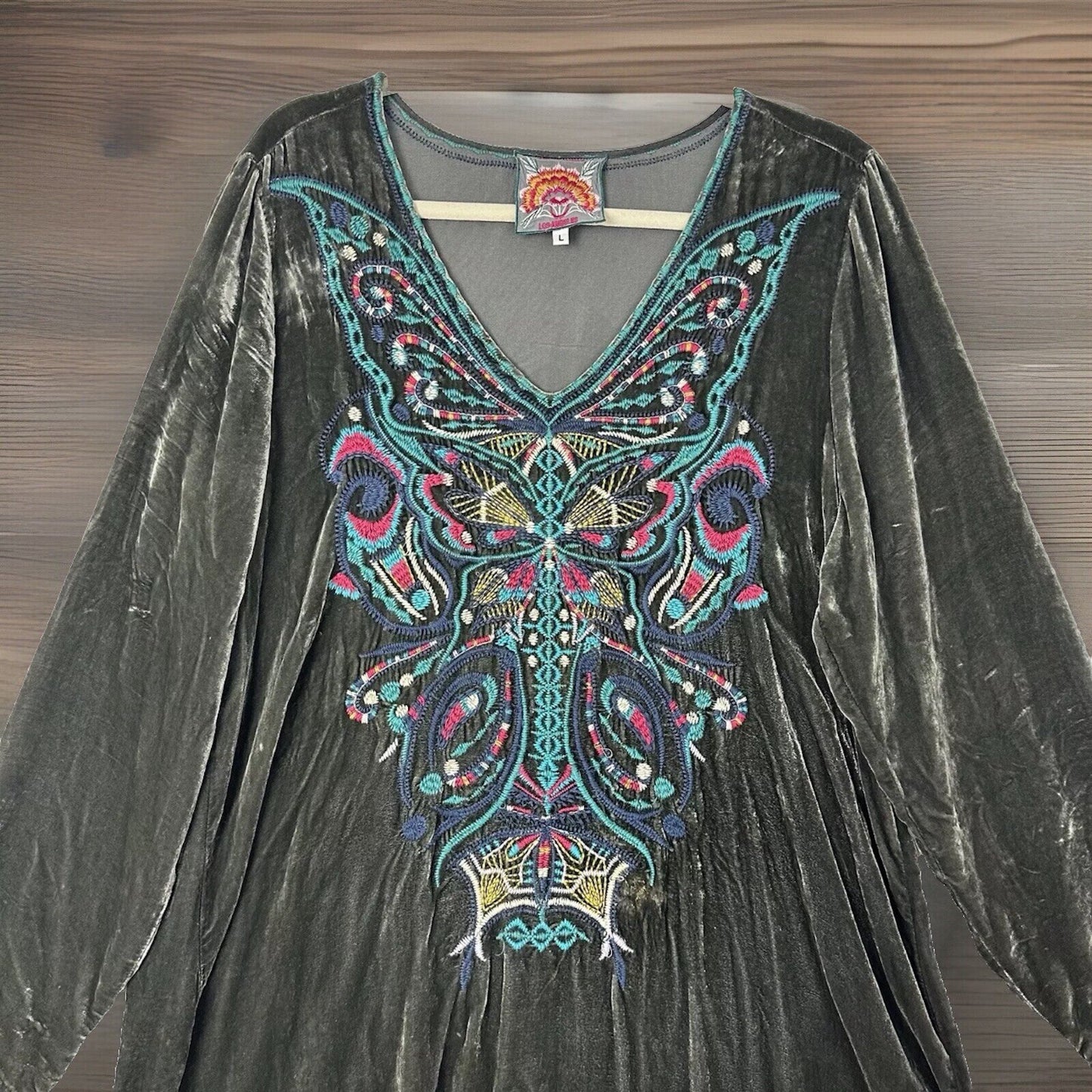 Johnny Was L Large Grey Velvet Butterfly Tunic Top Mini Dress Embroidered Johnny Was