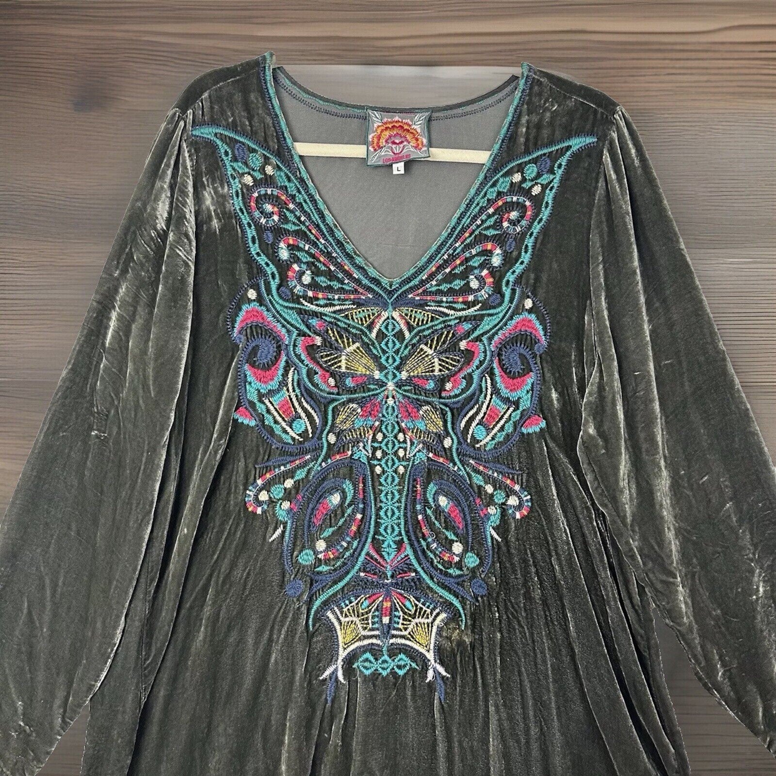 Johnny Was L Large Grey Velvet Butterfly Tunic Top Mini Dress Embroidered Johnny Was