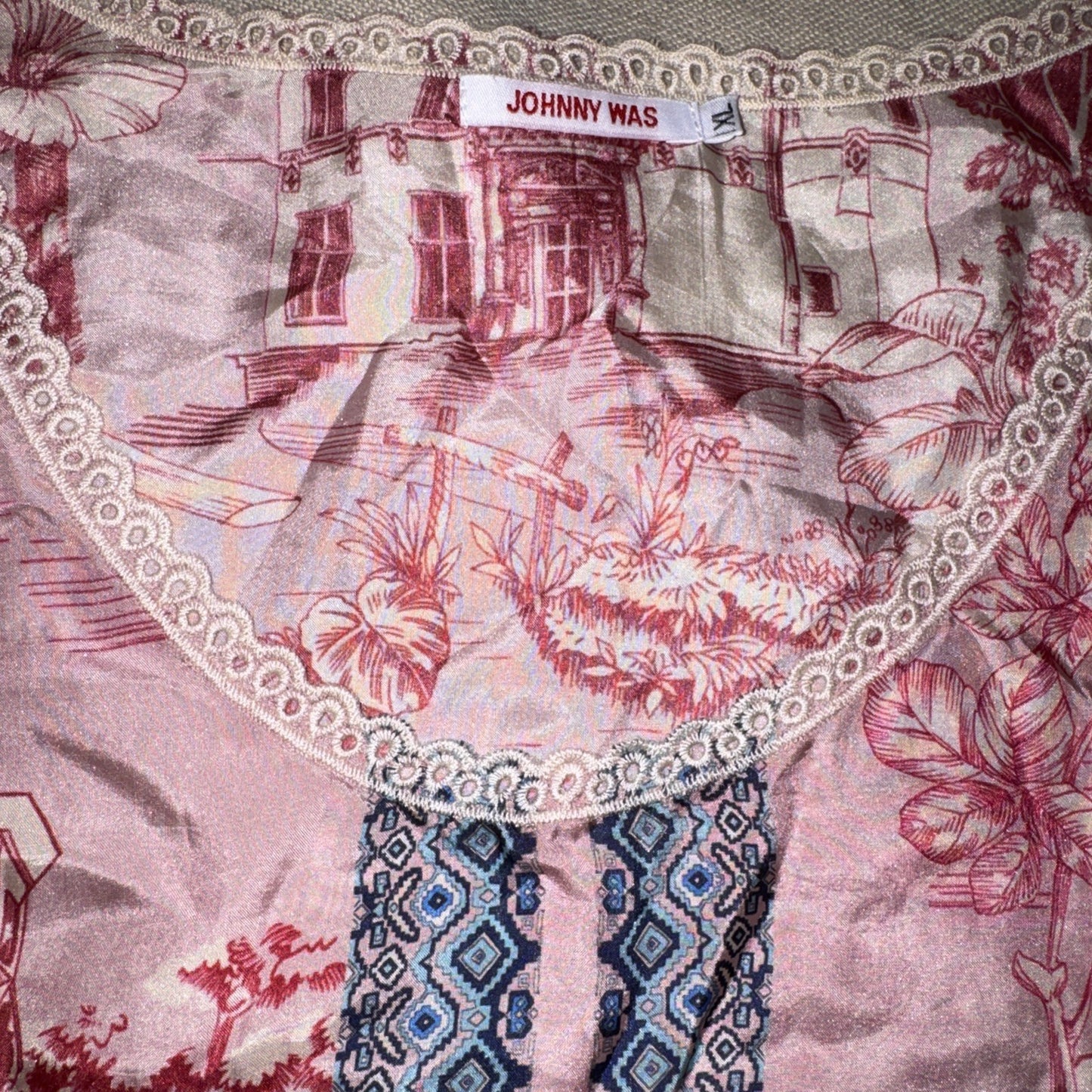 Johnny Was XL Pink & White 100% Silk Blouse Top Tunic Shirt Toile Lace Johnny Was