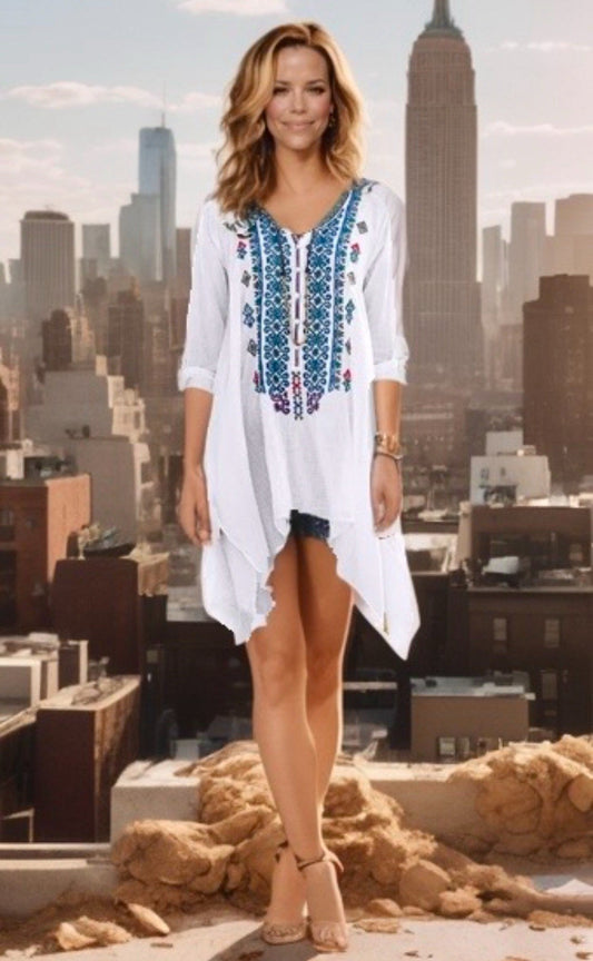 Johnny Was L Large White & Blue Cotton Shift Dress Or Tunic Top Cool Lightweight Johnny Was