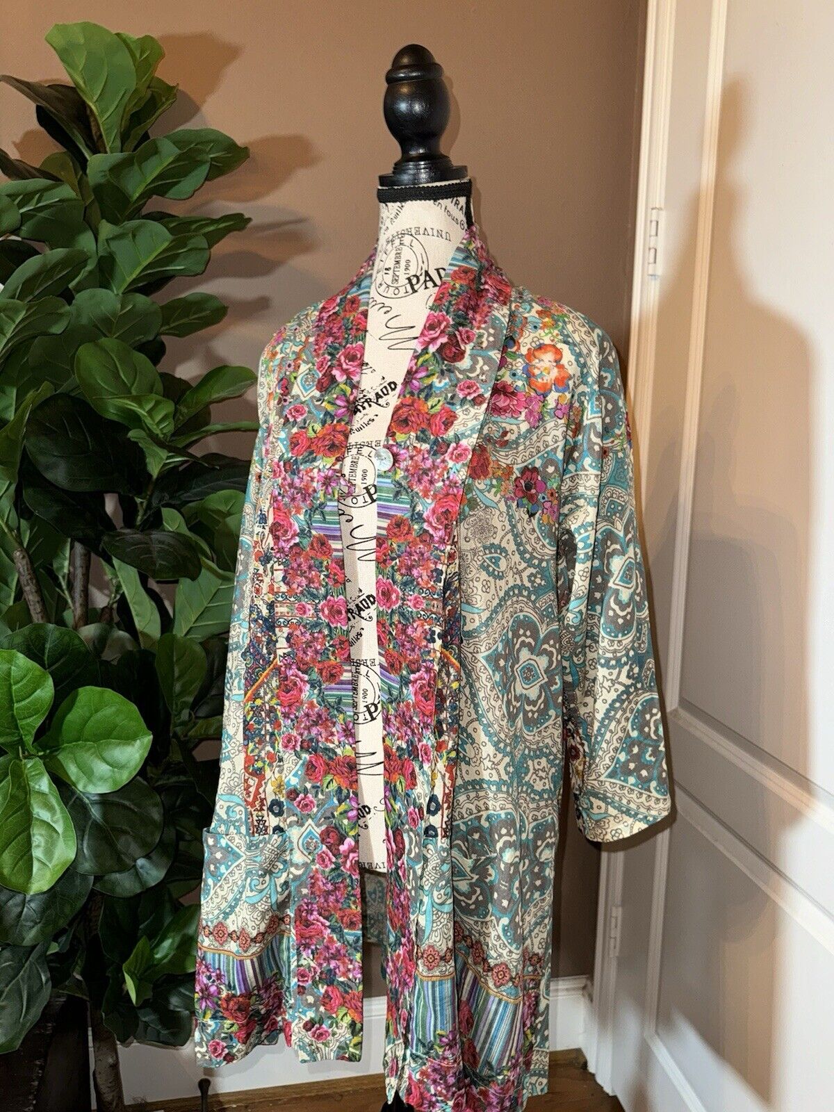 Johnny Was 100% Cotton Kimono M Medium Top Wrap Cardigan Jacket Pockets