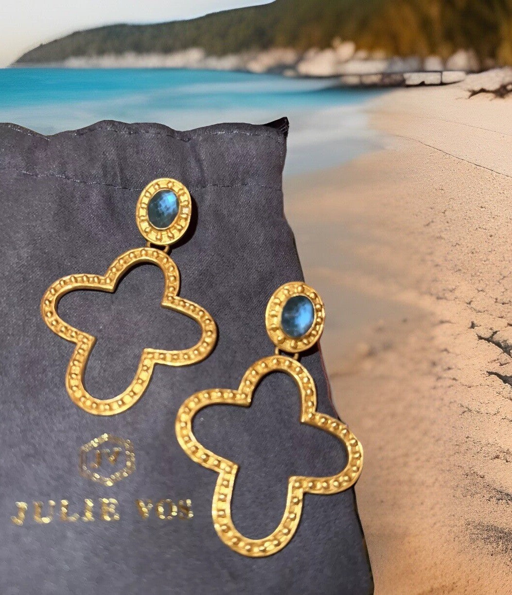 Julie Vos 24k Gold Plate & Blue Stone Cross Statement Earrings WOW Julie Vos