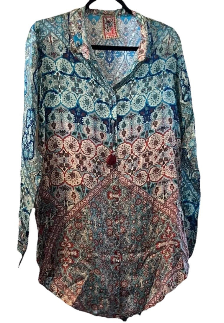 Johnny Was L 100% Silk Button Up Blouse Tunic Top Long Sleeve Lightweight Cool Johnny Was