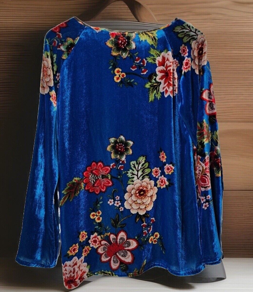 Johnny Was XL Blue Velvet Tunic Top Floral Long Sleeve Blouse Shirt Mini Dress