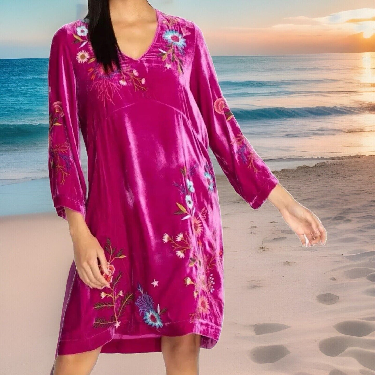 Johnny Was Sz XL Hot Pink Velvet Embroidered Shift Tunic Mini Dress FUSCIA