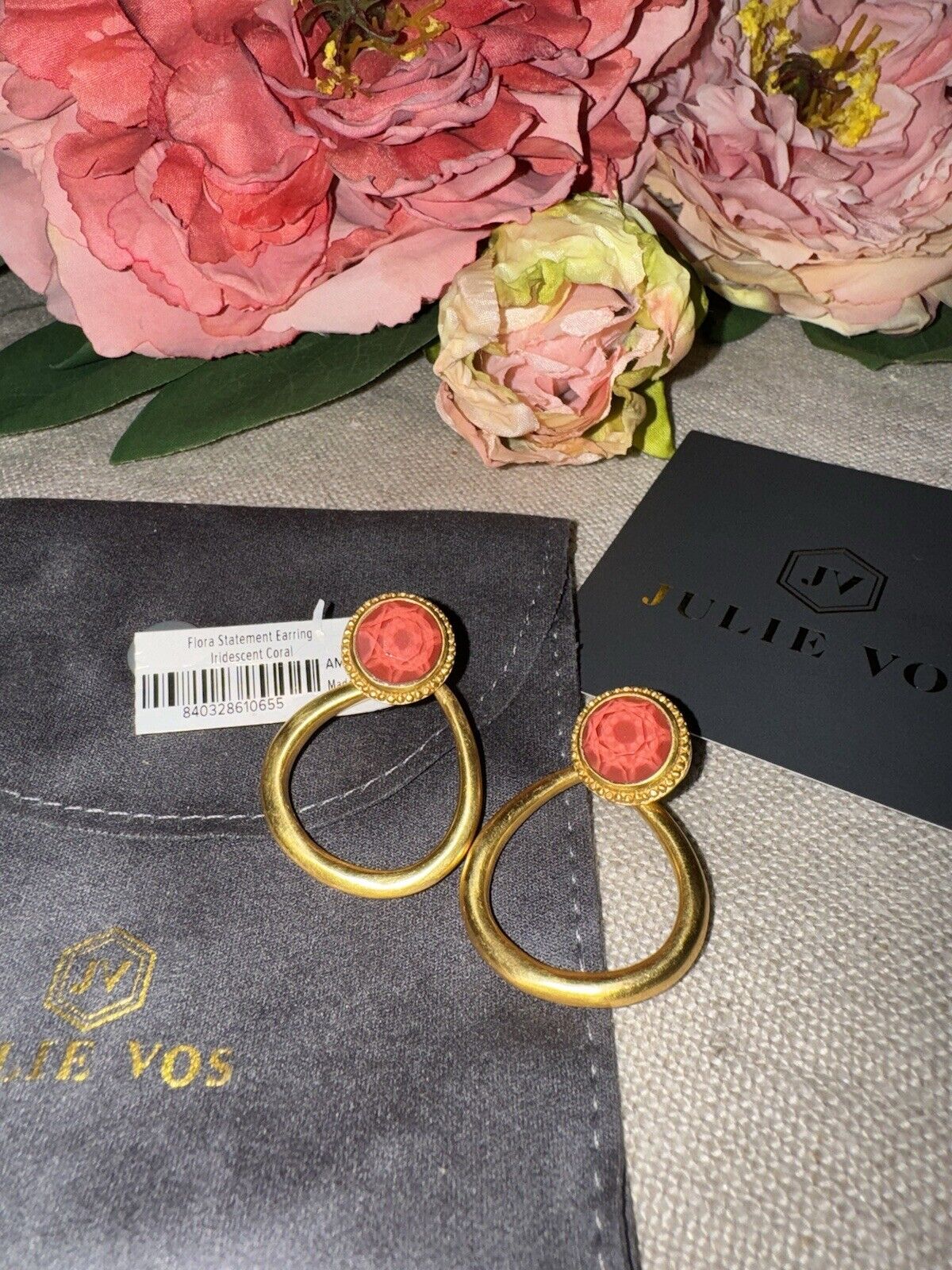 Julie Vos Iridescent Coral Hanging Hoops 24k Gold Plated Earrings