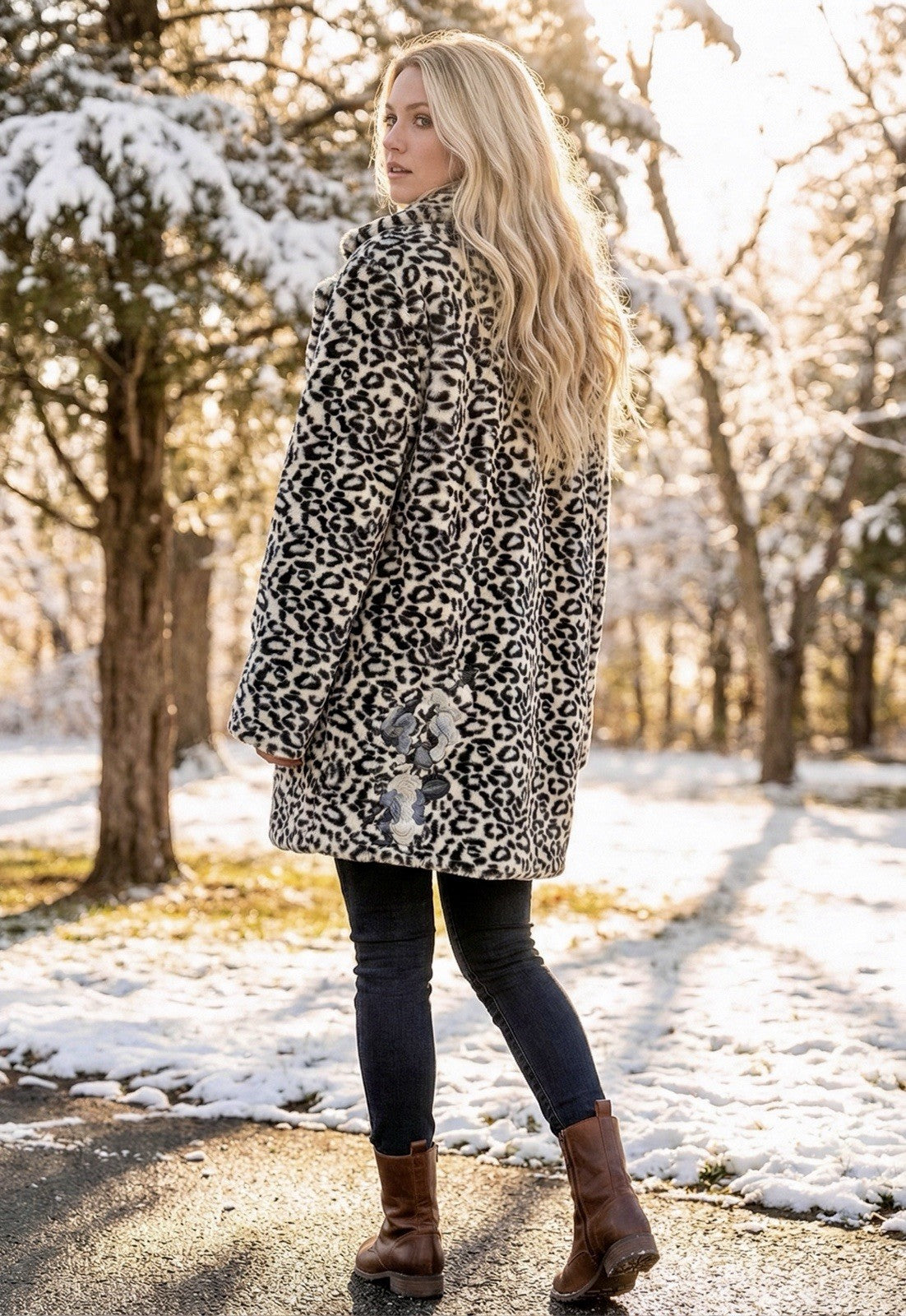 Johnny Was S Soft Blue & White Leopard Faux Fur Coat Jacket Wrap Silk Lining Johnny Was