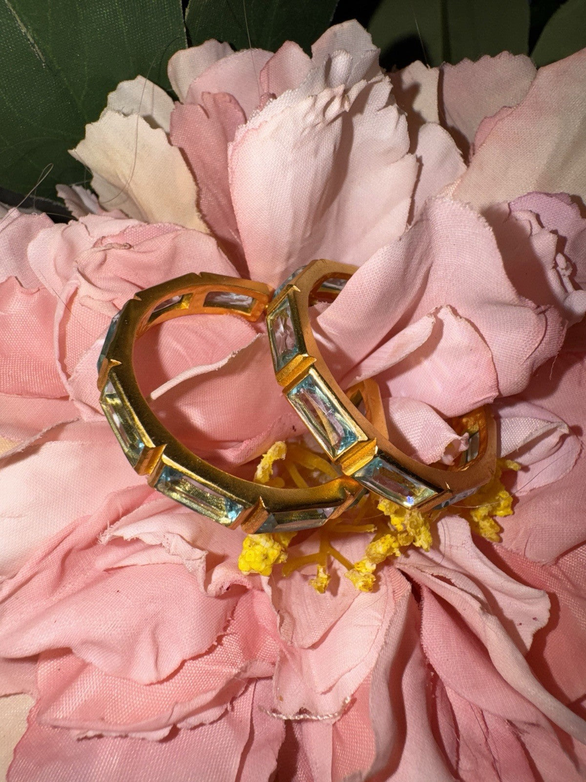 Julie Vos Baguette Clear Blue & 24k Gold Plated Hoop  Earrings 1.25” Julie Vos