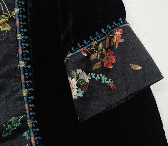 Johnny Was XL Black Velvet & Silk Kimono Embroidered Floral BOHO Wrap Duster Johnny Was