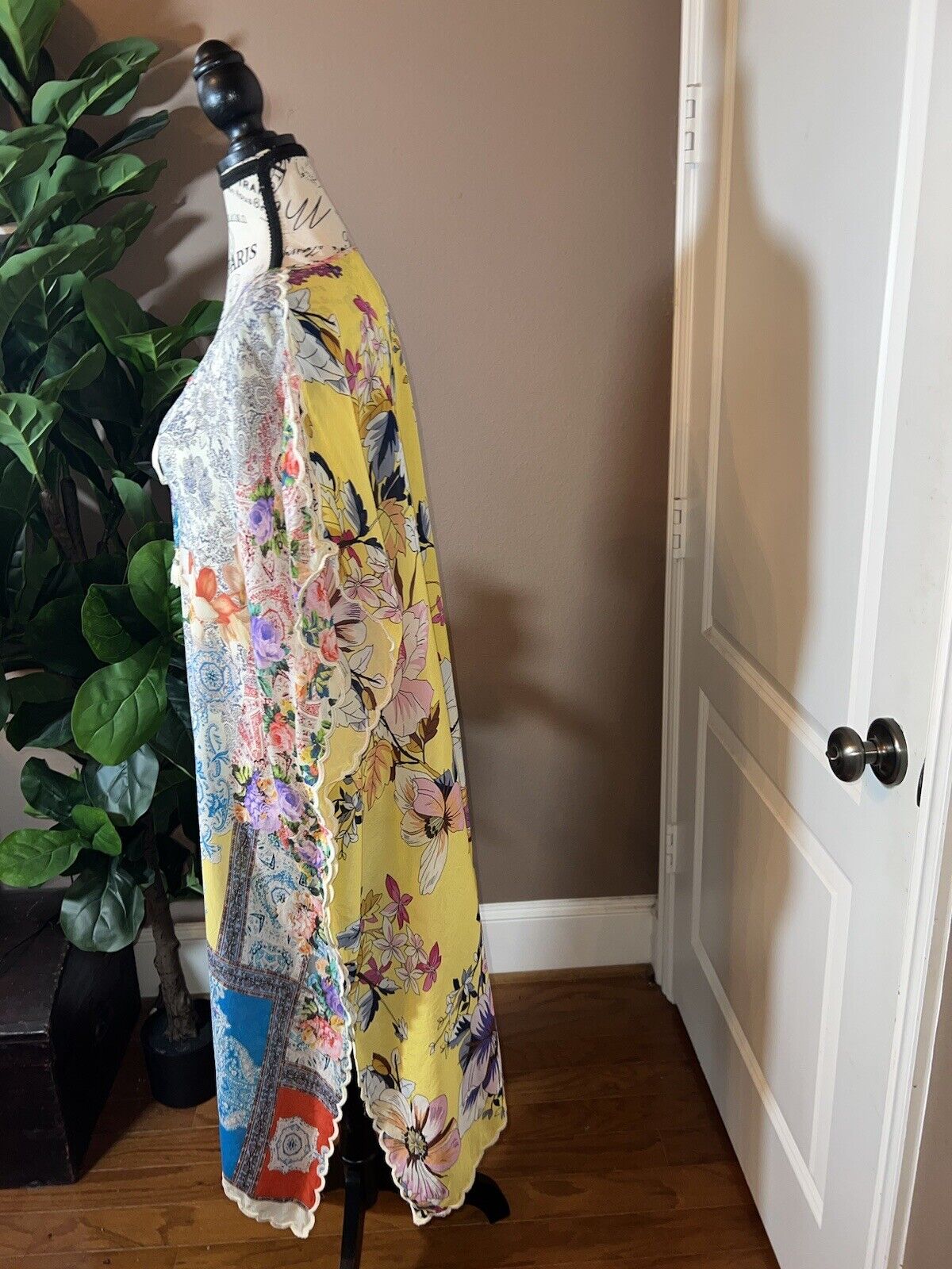 Johnny Was Silky Long Kimono Kaftan Floral & Patchwork Yellow XXL 2XL 2X SPRING