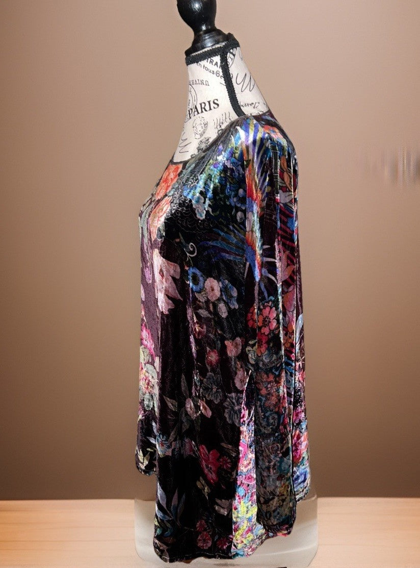 Johnny Was XL Floral Velvet Tunic Top Mini Dress Long Sleeve Lightweight Cool Johnny Was