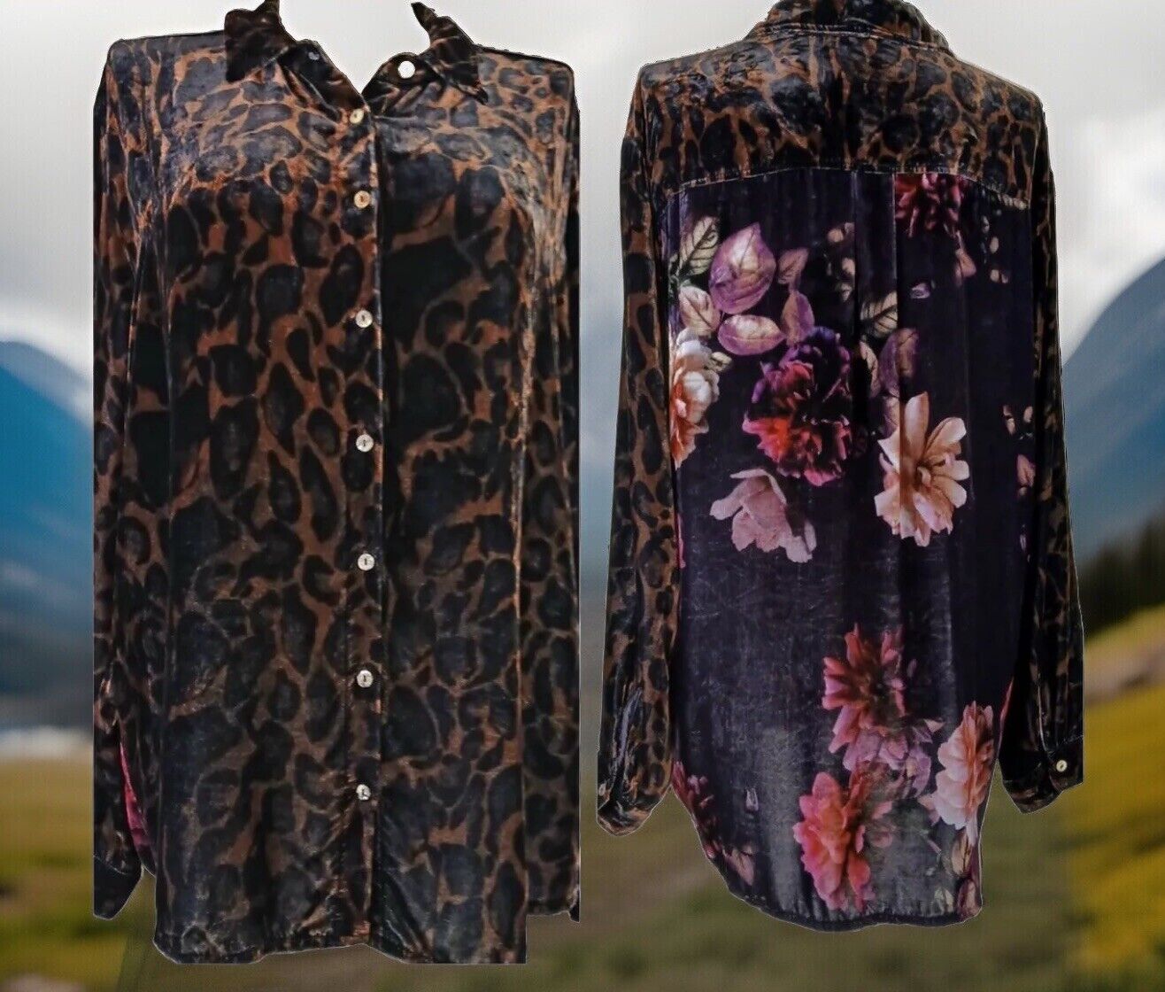 Johnny Was XL Velvet Leopard & Floral Long Sleeve Button Up Shirt Top