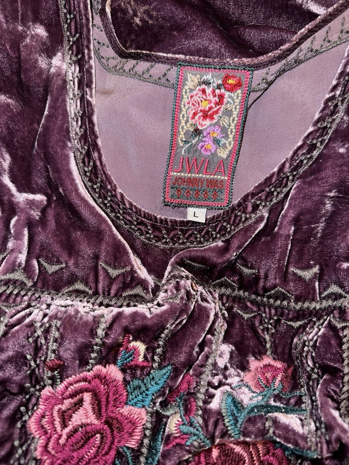 Johnny Was L Large Purple Velvet Embroidered Shift Mini Dress Short Sleeve BOHO Johnny Was