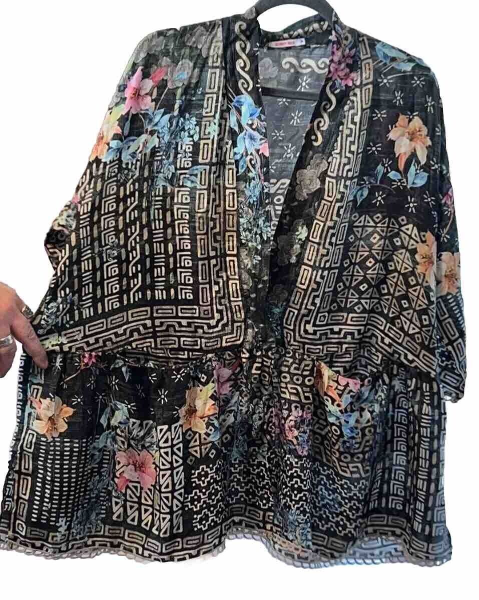 Johnny Was 100% Silk Kimono Sz M Tunic Top Black Floral Wrap