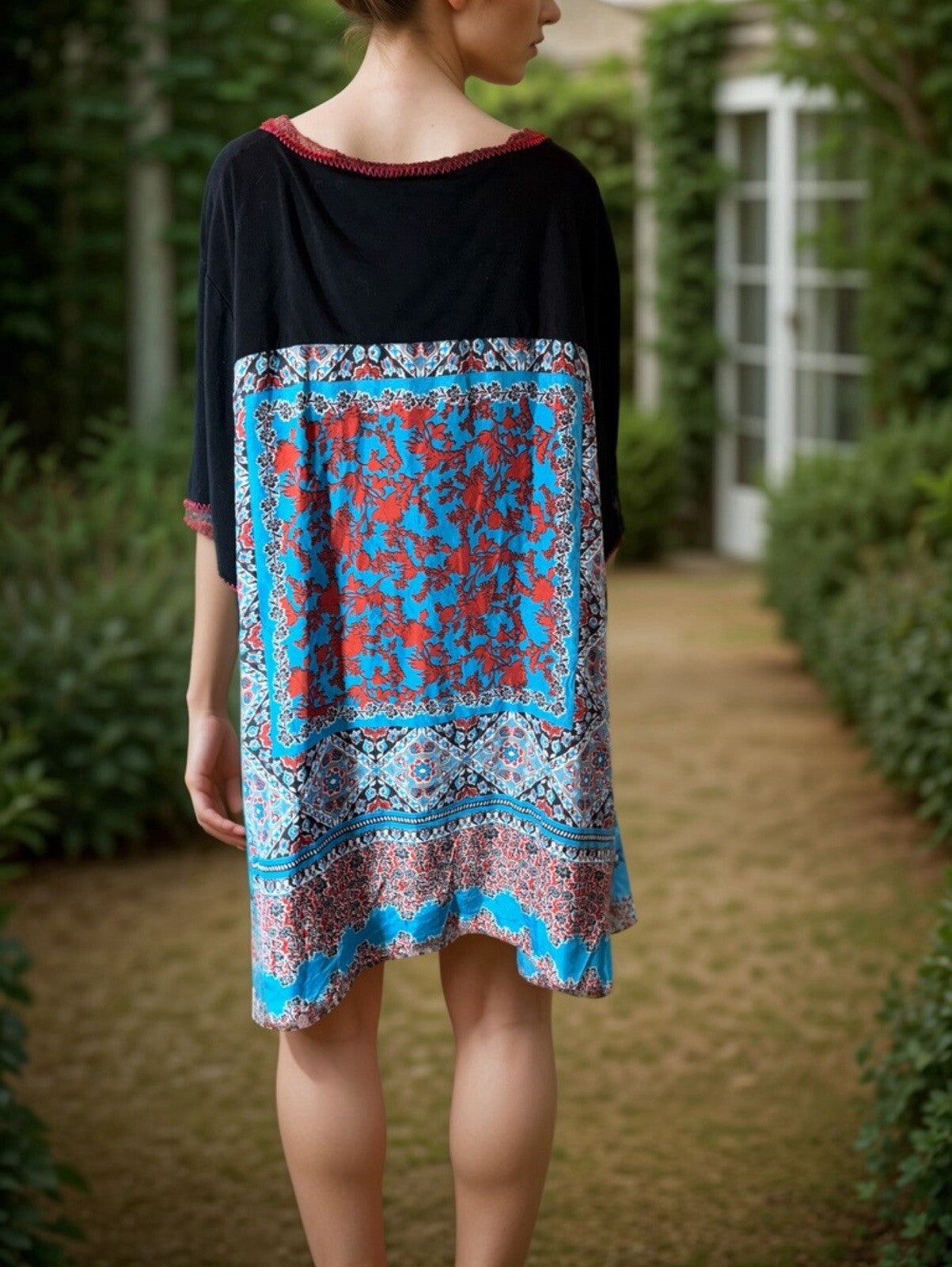 Johnny Was 3x Black Tee Shirt Blue & Red Silk Panel Back Tunic Top Tshirt BOHO Johnny Was