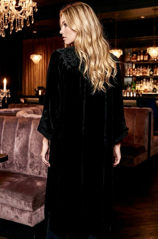 Johnny Was XL Long Black Velvet Kimono Wrap Jacket Duster Oversized Johnny Was