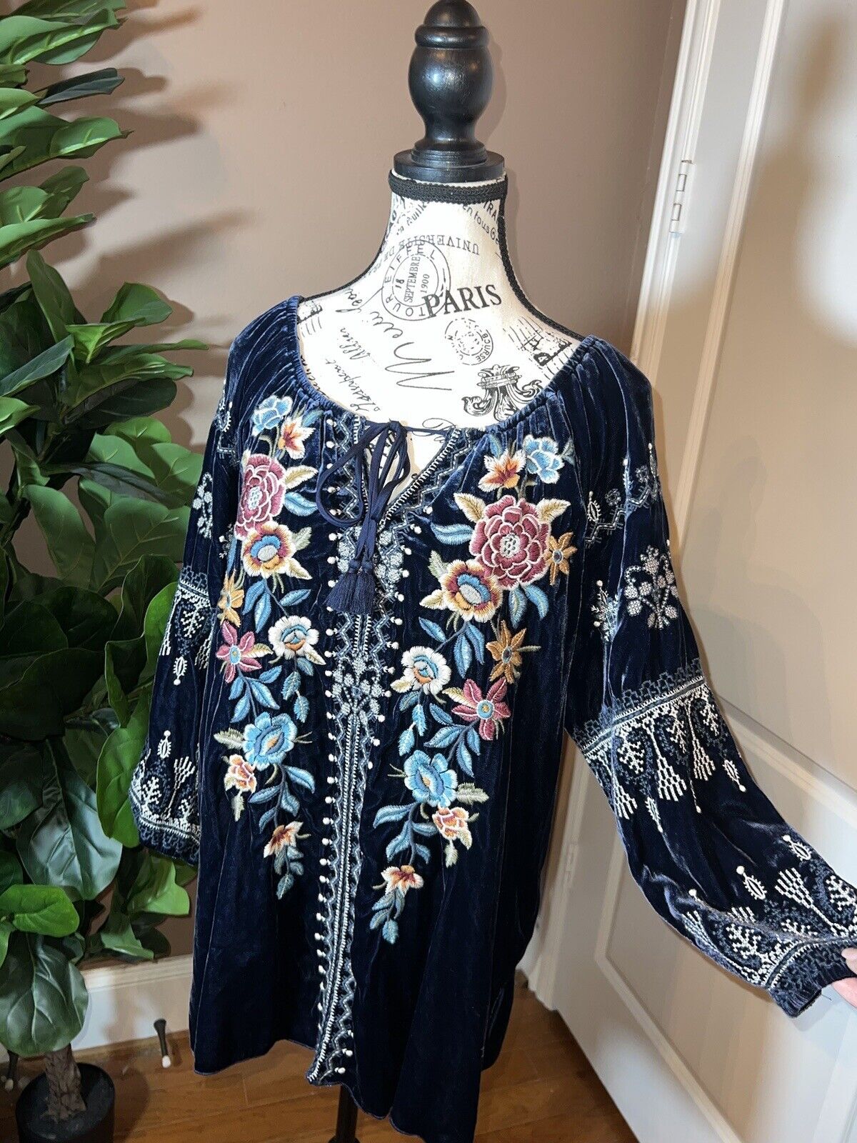 Johnny Was Blue Velvet Heavily Embroidered Tunic Top Mini Dress Sz XL 1X