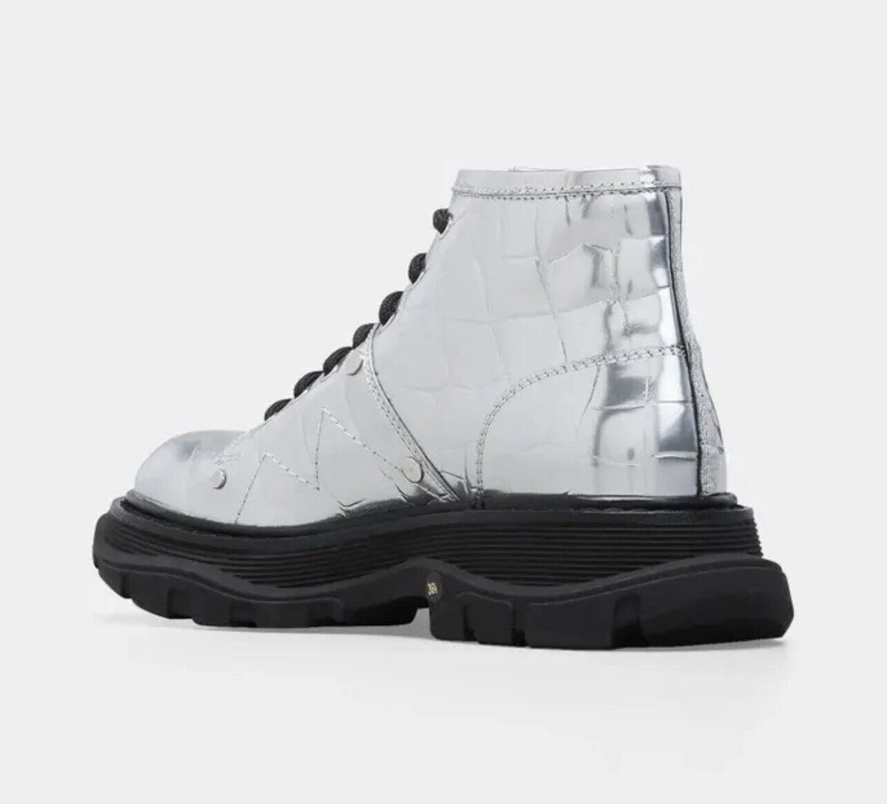 Alexander McQueen Patent Animal Print Combat Boots Silver 39.5 $1050 Retail