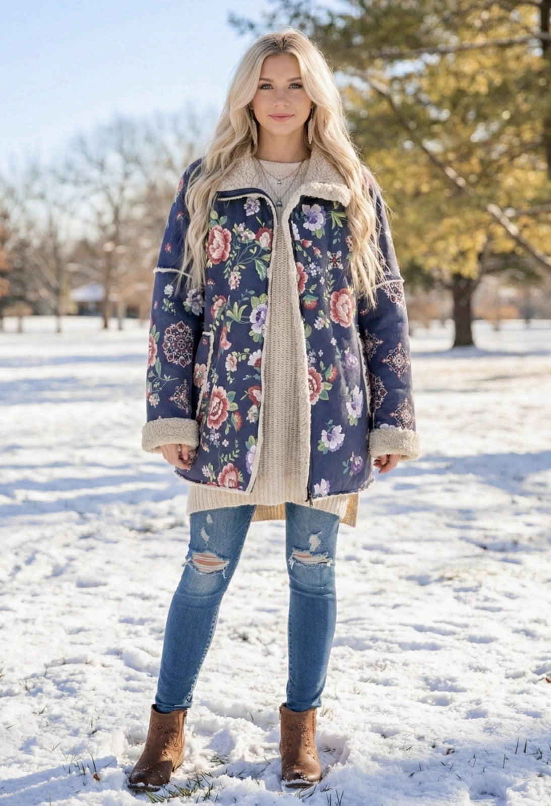 Johnny Was L Navy Blue Coat Jacket Faux Suede & Shearling Oversized Floral Johnny Was Pete & Greta