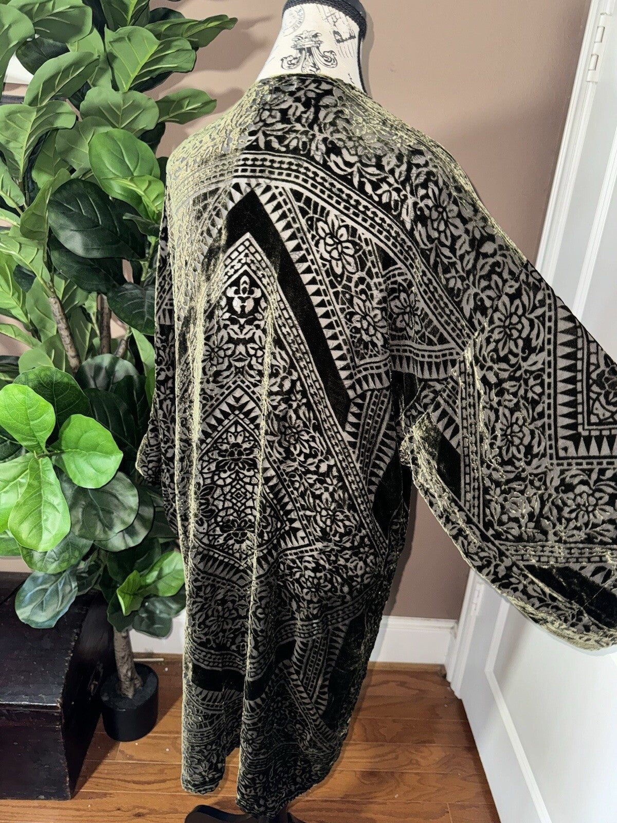 Johnny Was XL Deep Green Burnout Velvet Long Kimono Duster Wrap Jacket Coat Johnny Was