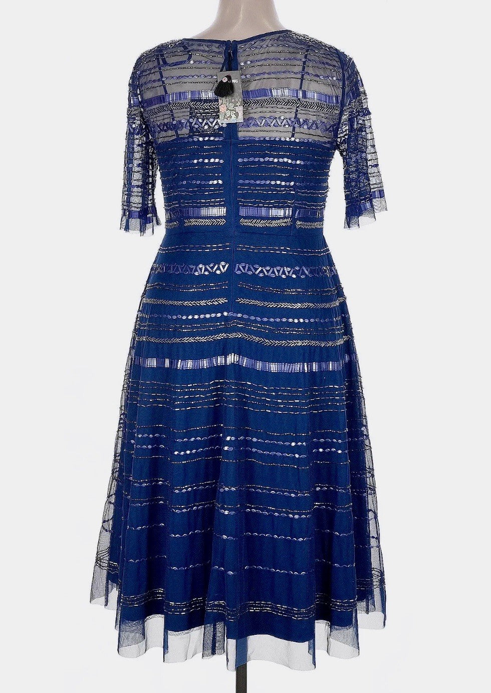 Johnny Was Sz 14 Blue Beaded Mesh Cocktail Party Dress $625 Retail Blk Label Johnny Was