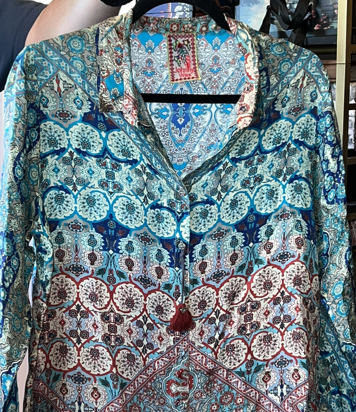 Johnny Was 100% Silk Button Up Top Sz M Medium Long Sleeve