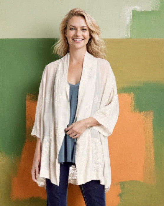 Johnny Was L Ivory Ecru Kimono Silky Embroidery & Lace Jacket Beach Wedding Wrap Johnny Was