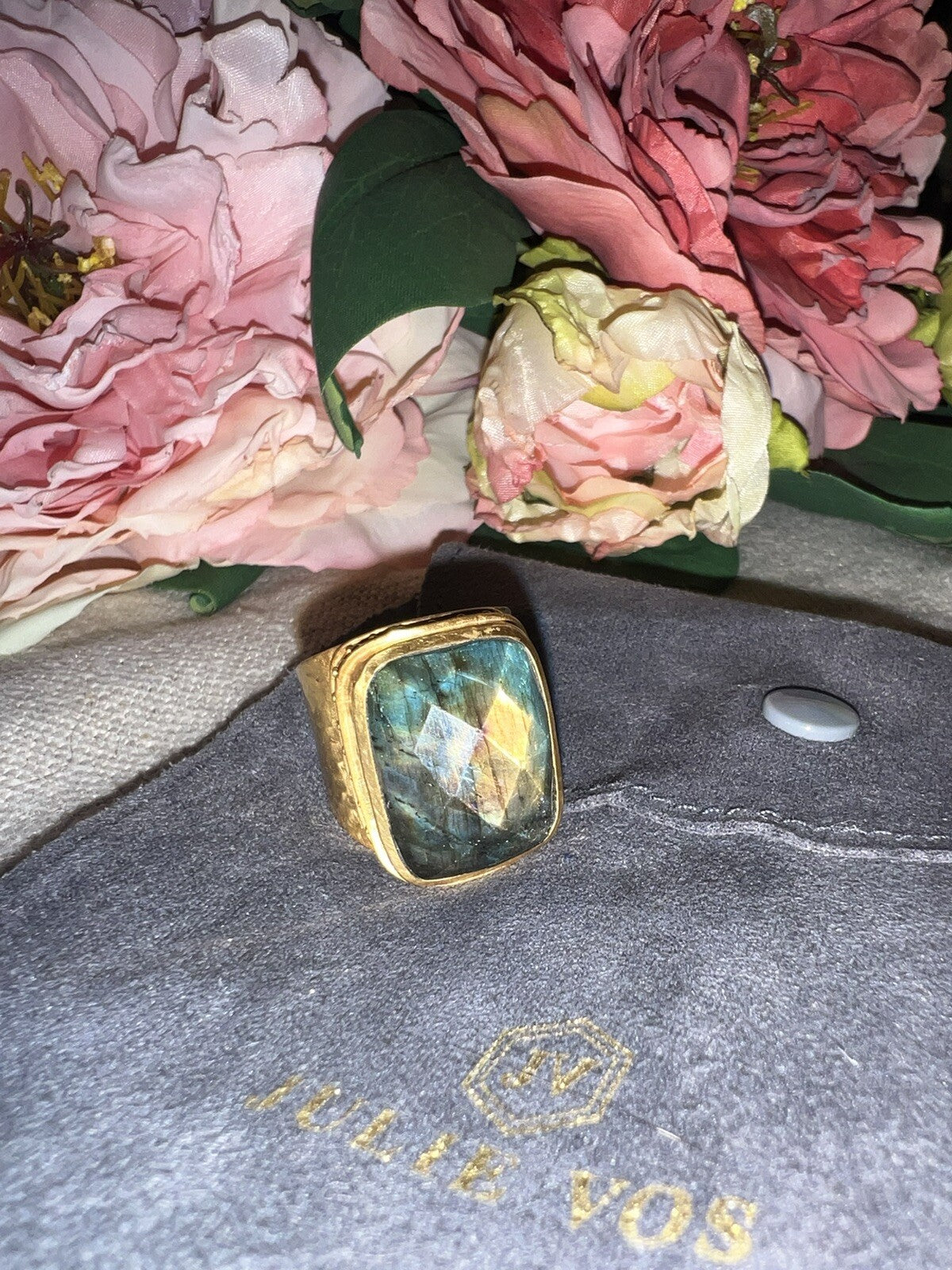 Julie Vos Sz 9 Cuff Ring ADJUSTABLE Real Labradorite & 24k Gold Plated Julie Vos
