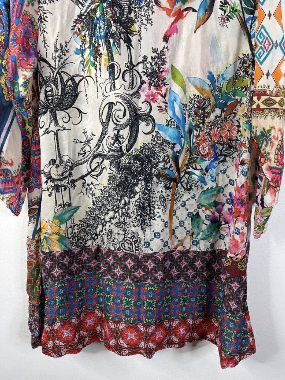 Johnny Was L Silky Kimono Wrap Patchwork Duster Jacket Cool Lightweight BOHO Johnny Was