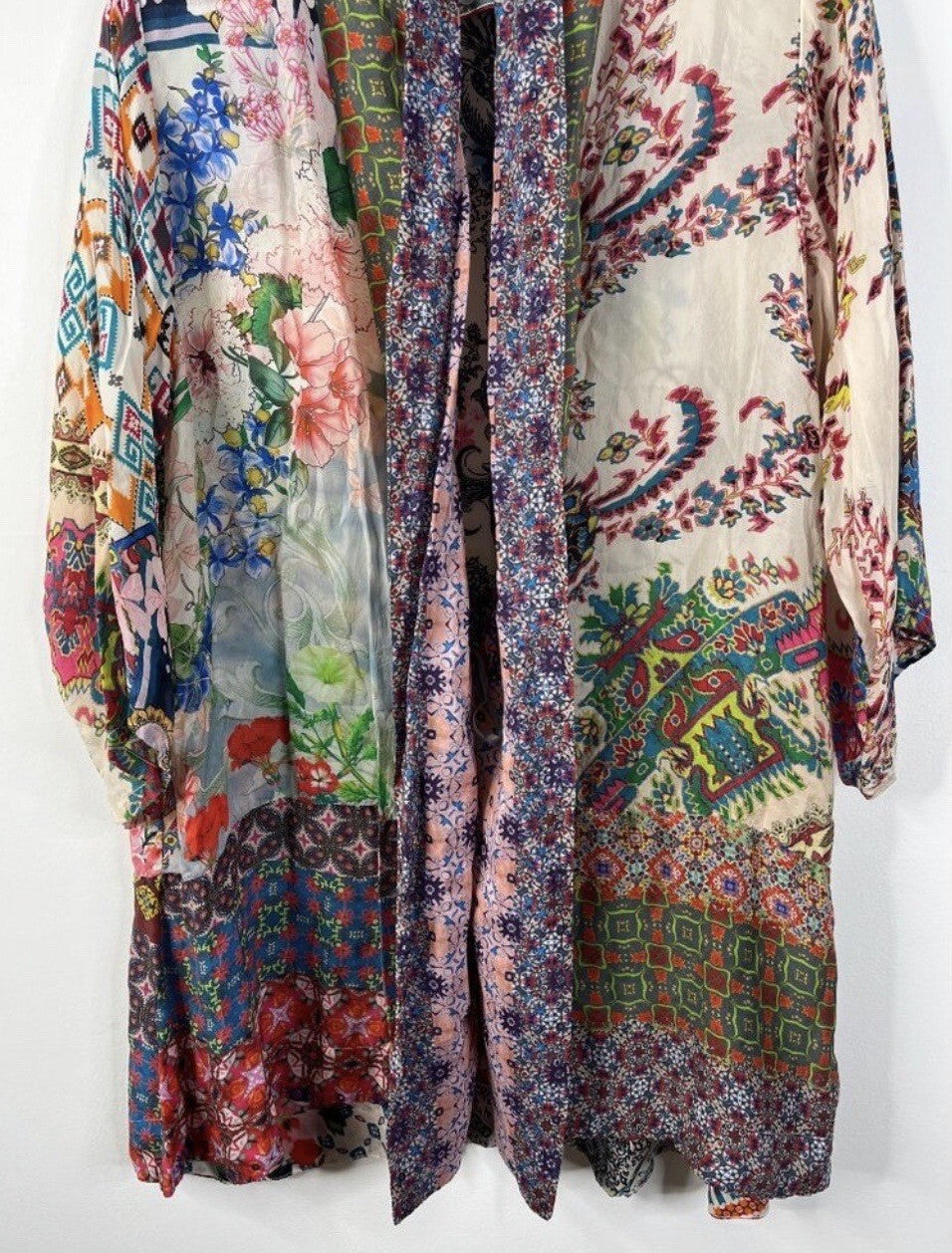 Johnny Was L Silky Kimono Wrap Patchwork Duster Jacket Cool Lightweight BOHO Johnny Was
