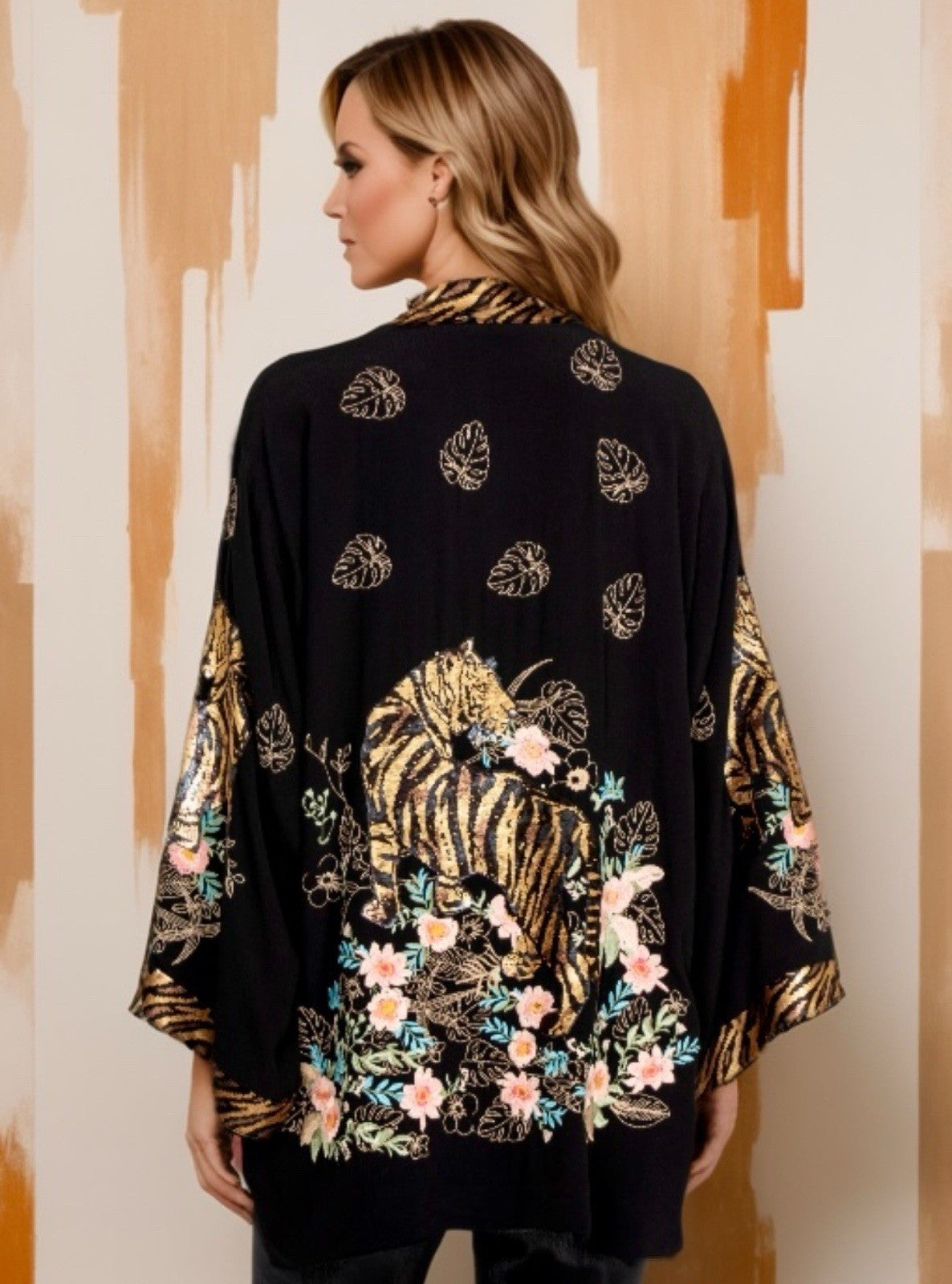 Johnny Was $490 L Large Black & Gold Sequin Kimono Jacket Tiger Silk Lined Johnny Was