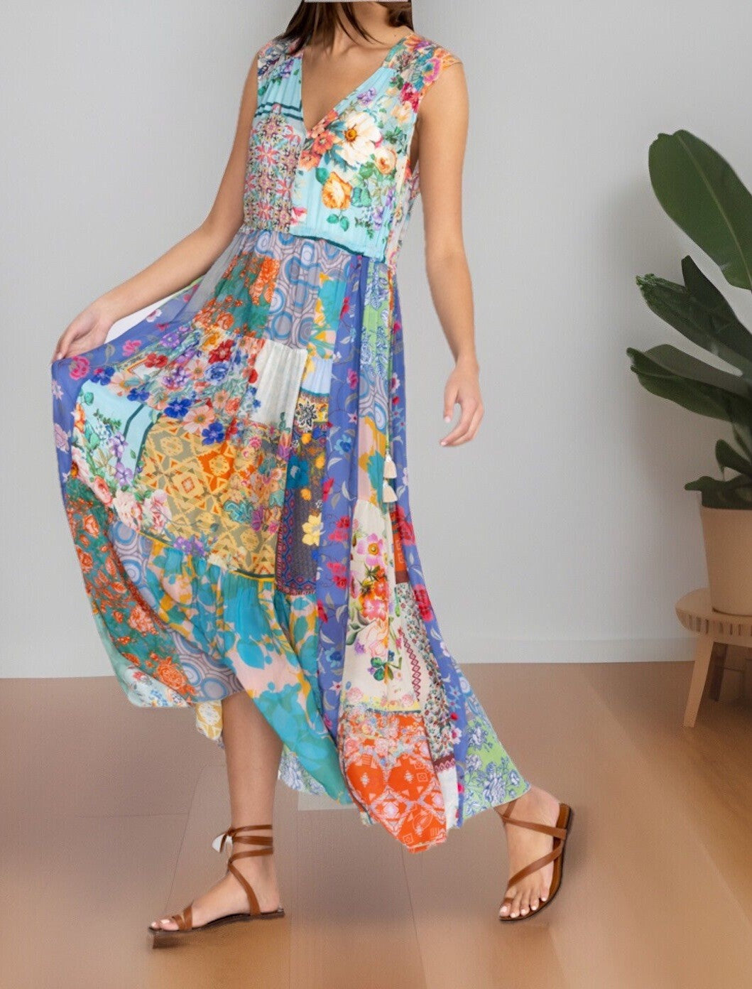 Johnny Was 1XL 1X Maxi Dress Sleeveless Patchwork Floral Pattern Tassel BOHO Johnny Was