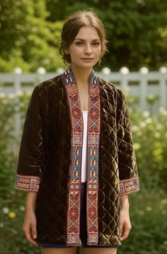 Johnny Was L Quilted Kimono Over Coat Olive Green Field Jacket Embroidered Johnny Was