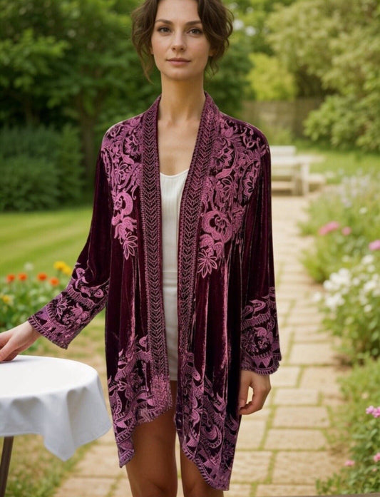 Johnny Was Burgandy Wine Velvet & Embroidered Top Kimono Wrap Duster XL 1X