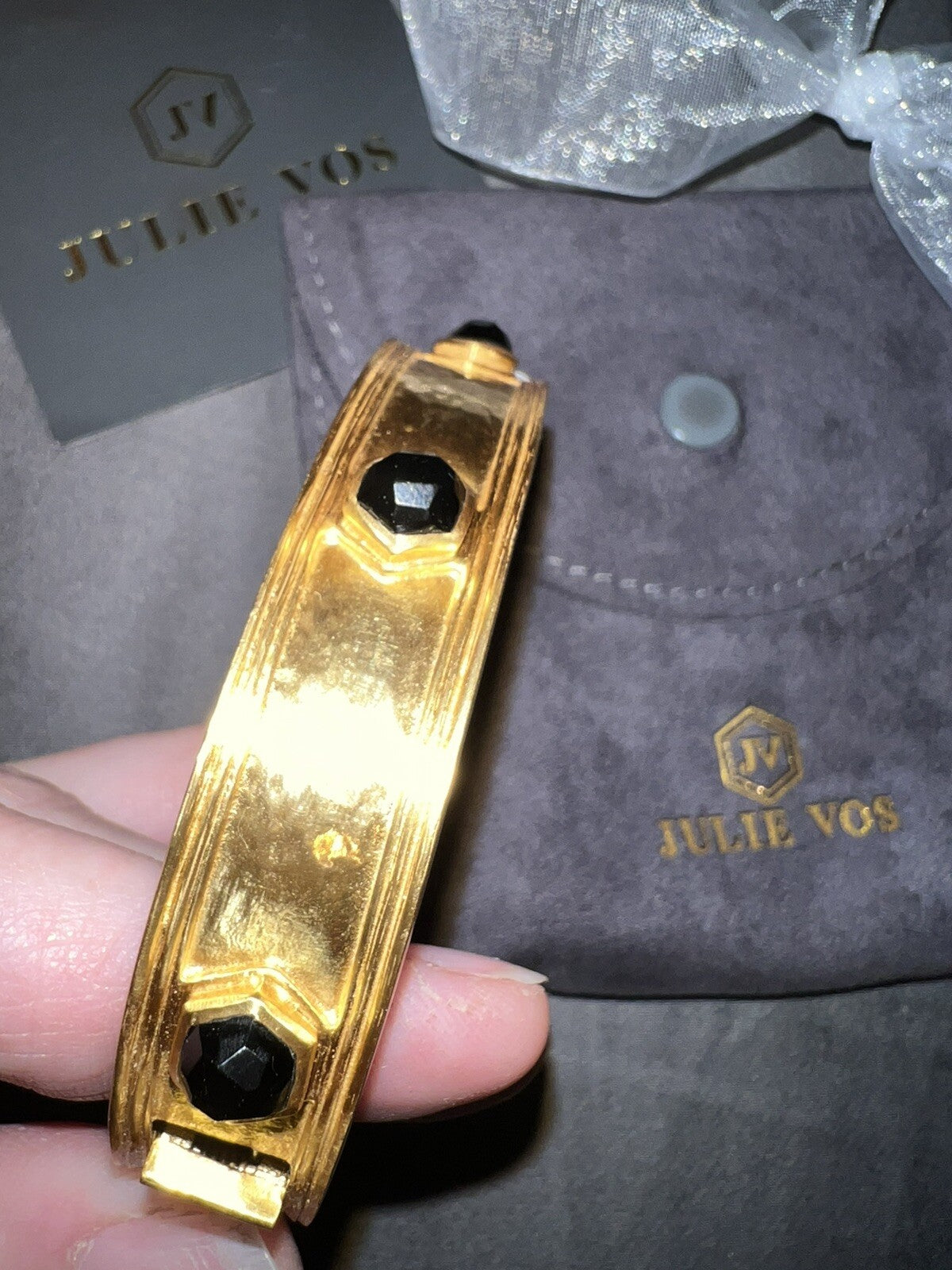 Julie Vos Obsidian Hinged Bangle Bracelet Hexagonal Stones And 24k Gold Julie Vos