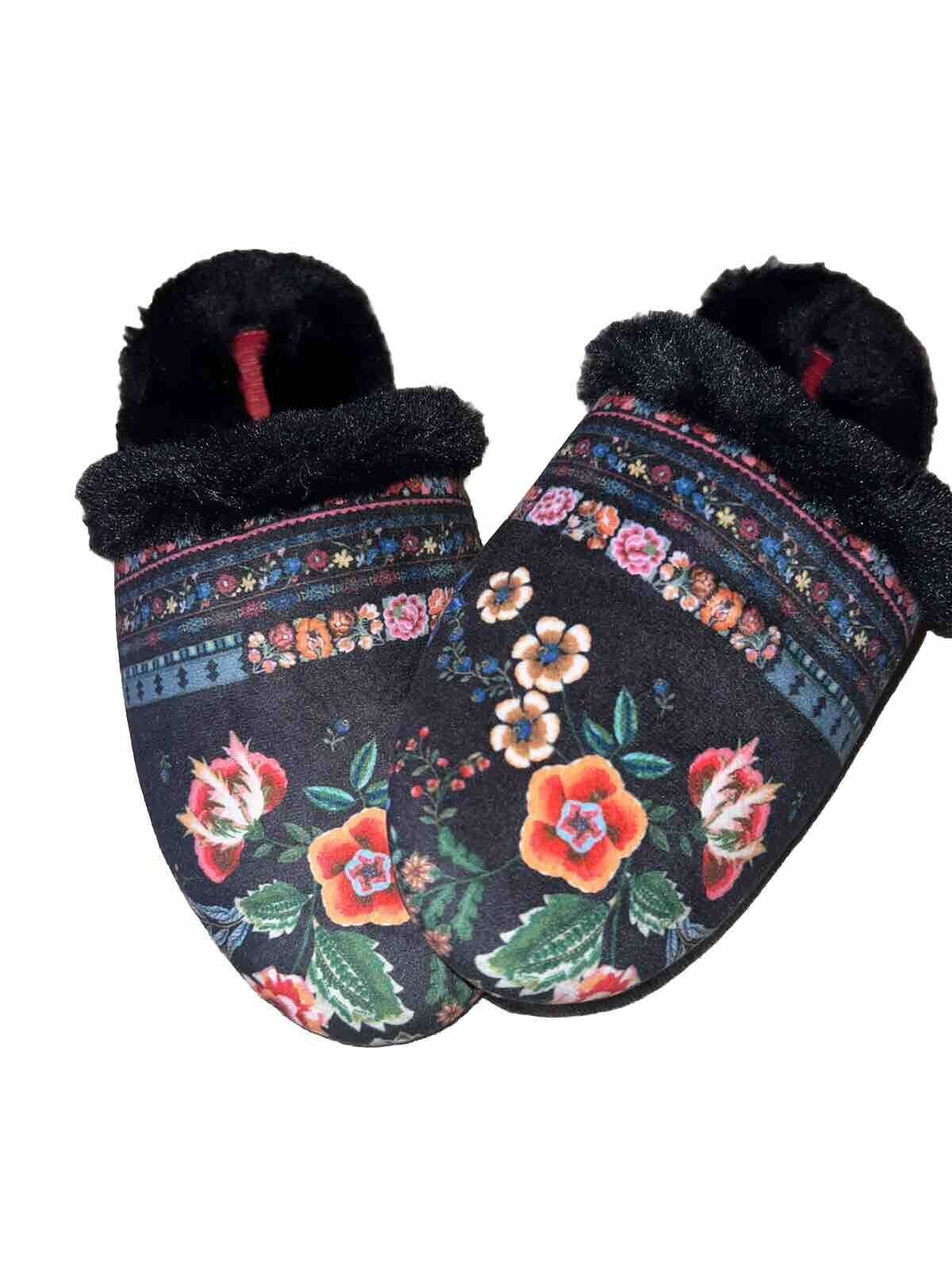 Johnny Was Black Faux Fur Floral Slippers sz 9 NWOB