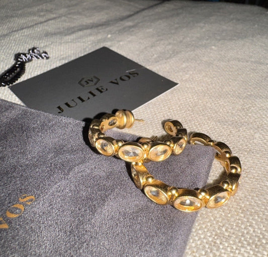Julie Vos Clear Crystal & 24k Gold Plated Hoop Earrings 1.25” Hoops Pierced Julie Vos