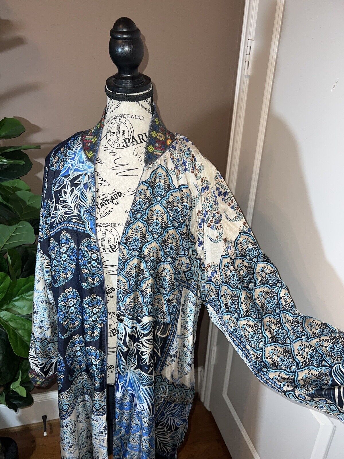 Johnny Was L Large 100% Silk Long Kimono Wrap REVERSIBLE Duster Coat  CRANES