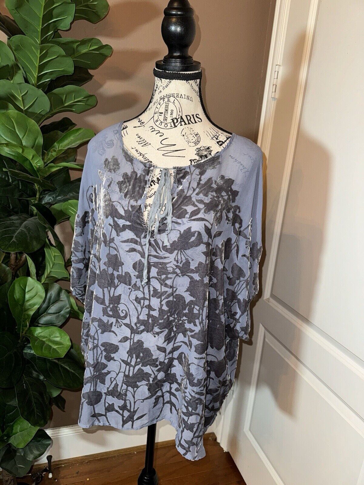 Johnny Was L Large Soft Blue Velvet Burnout  Tunic Top Blouse