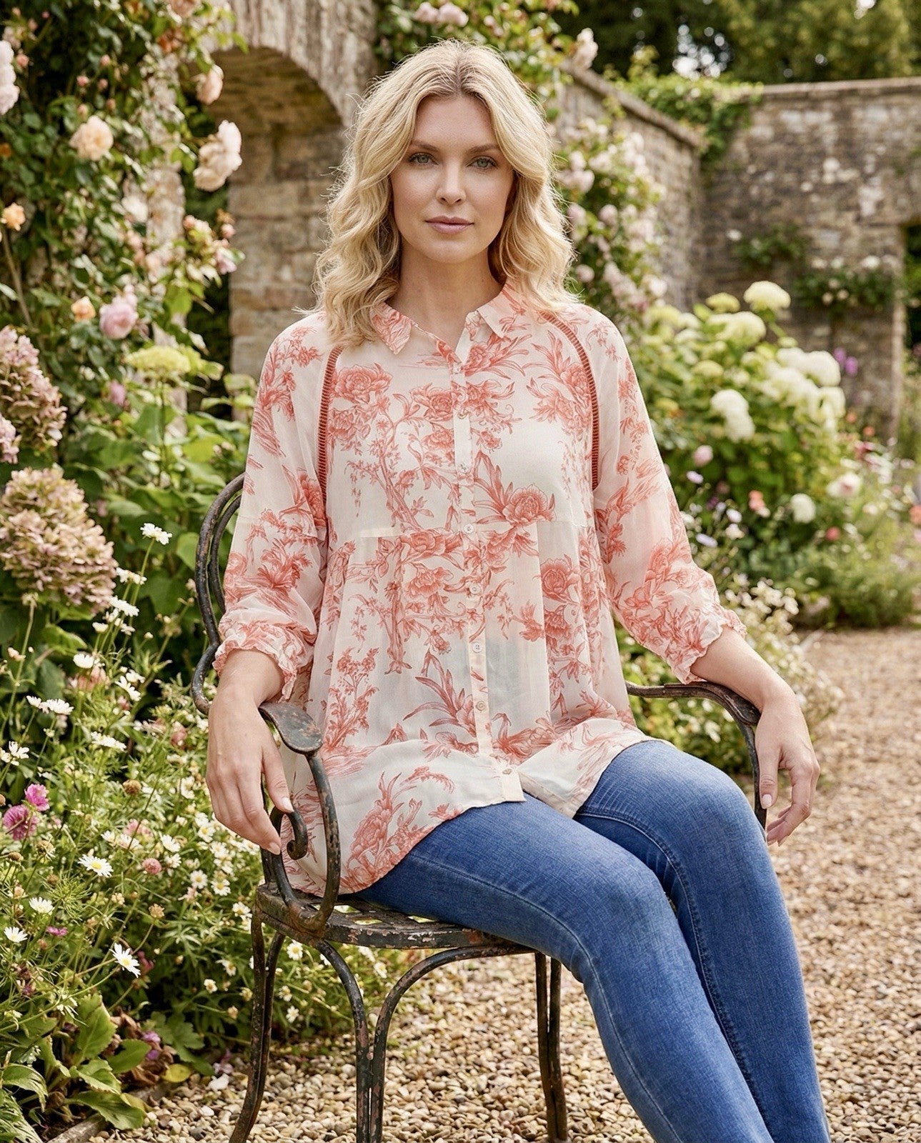 Johnny Was XXL Red & White Button Up Blouse Tunic Top Floral Shirt Boho Johnny Was