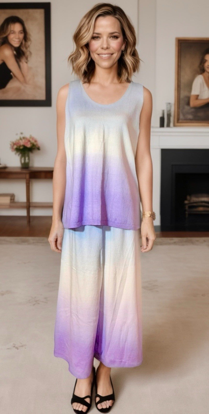 Johnny Was 3pc Set L Large Purple Whit Blue Dip Dye Kimono Tank & Wide Leg Pants Johnny Was