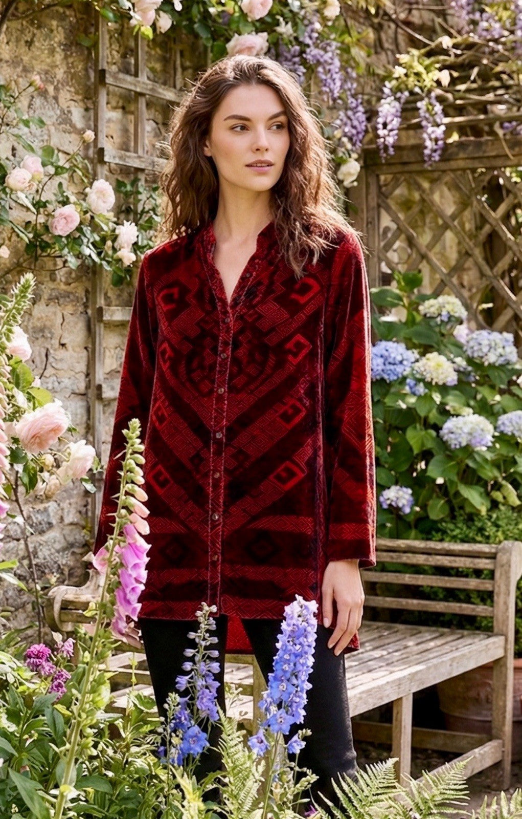 Johnny Was L Large Red & Black Velvet Button Up Shirt Blouse Top Long Sleeve Geo Johnny Was