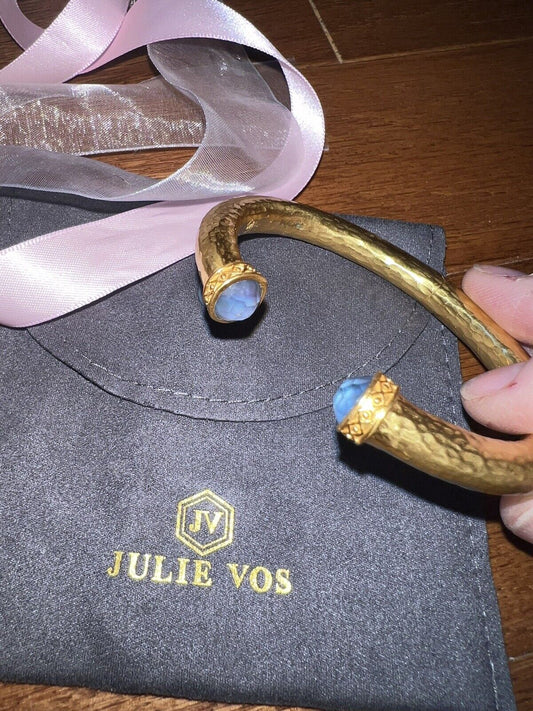 Julie Vos Hinged Bangle Bracelet Blue Iridescent Glass 24k Gold Plated