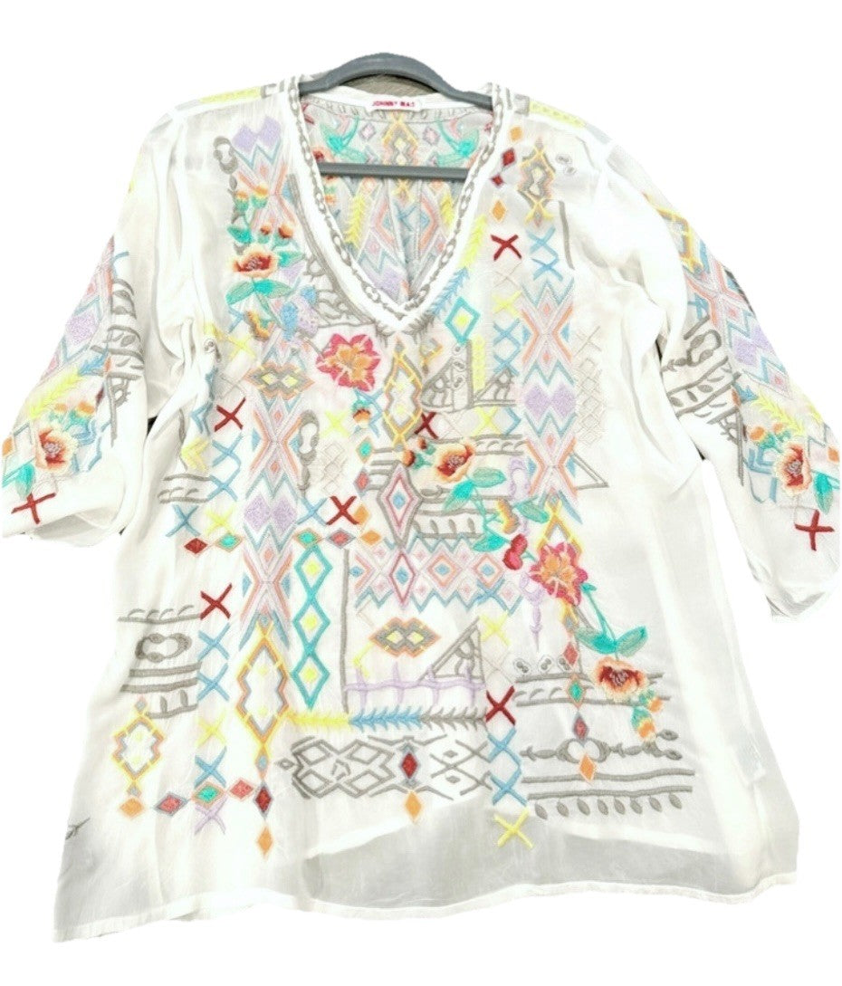 Johnny Was L Silky White Button Up Cool Embroidered Peasant Blouse Top Tunic Johnny Was